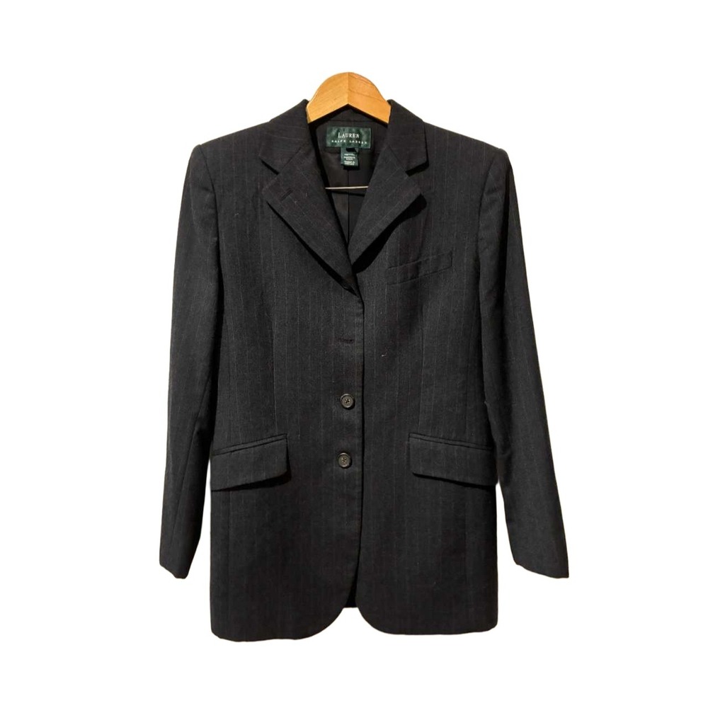 Lauren Ralph Lauren Womens 10 Pinstripe Blazer 100% Worsted Wool Charcoal Grey